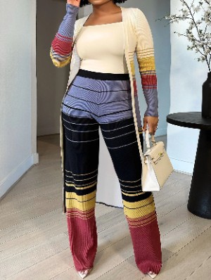 Colorblock Pants Long Shawl 3 Piece Sets