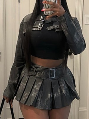Distressed Cropped Peacoat Pleated Skirt Sets
