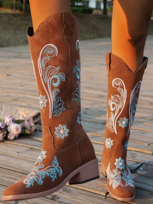 Embroidery Square Heels Riding Boots