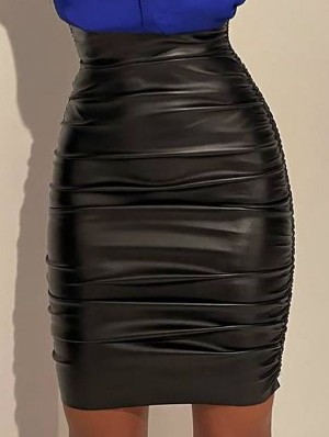PU Patchwork Sheath Ruched Skirts