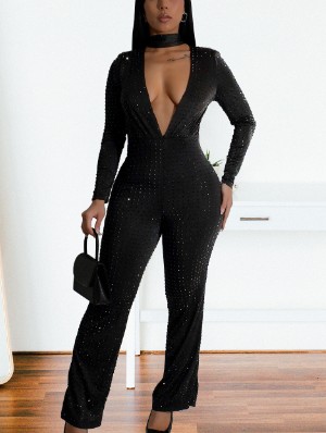 Sexy Hotfix Rhinestones Ribbons Deep V Long Sleeve Jumpsuits