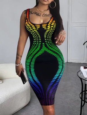 Colorblock Print Sleeveless Fitted Midi Dress