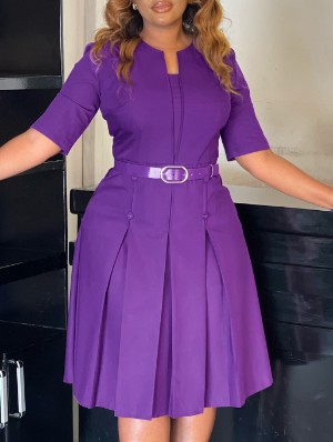 Pure Color Elbow Sleeve A-line Midi Dress