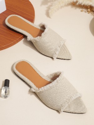 Solid Raged Hem Canvas Pointed Slippers