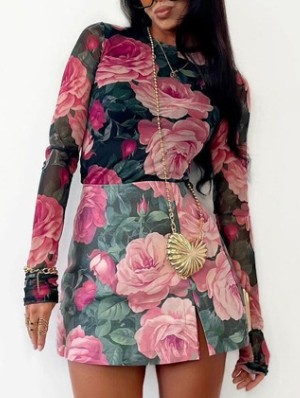 Floral Printed Bodycon Split Hem Skirt Sets