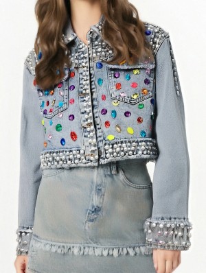 Gemstone Studded Pearl Collar Denim Jackets
