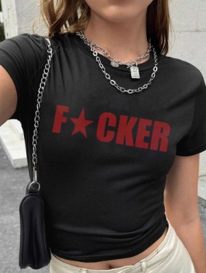 Letter Pattern Bare Waist Fitted Tops