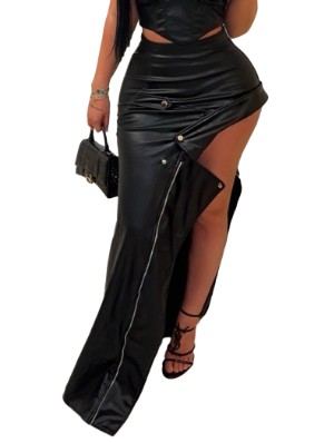 PU Zipper Patchwork Split Hem Skirts