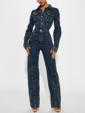 Washed Denim Lapel Buckle Jumpsuits