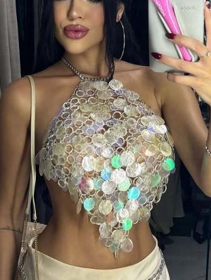 Sexy Hollow-out Sequins Halter Tanks