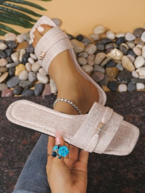 Solid Beading Flat Heel Slippers
