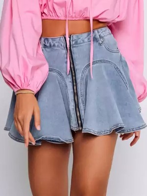 Zipper Patchwork Ruffle Denim Skort