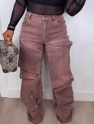 Distressed Buckle Patch Denim Jeans