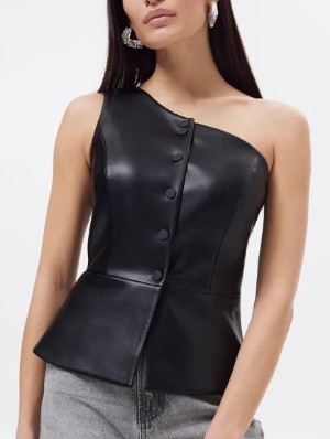 PU Button Up One-shoulder Tank