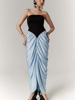 Strapless Colorblock Ruched Split Hem Maxi Dress