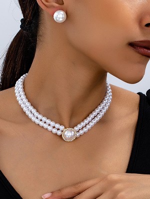 Luxurious Faux Pearl Rhinestones Earrings Necklaces Set