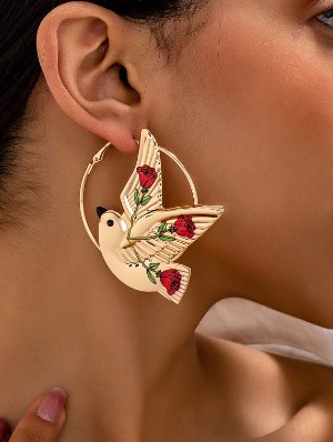 Exquisite Bird Pattern Rose Printed Earrings