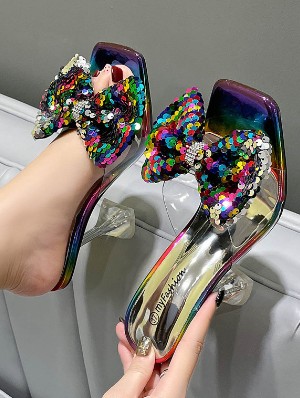 Shiny Sequin Bow PVC Patchwork High Heel Slippers