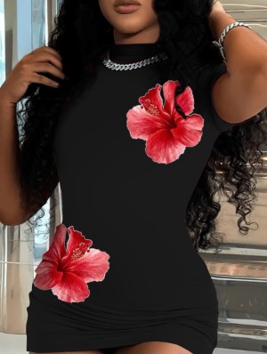 Floral Printed Bodycon Short Sleeve Mini Dress
