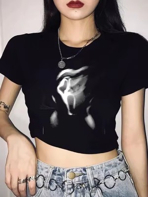 Abstract Skull Printed Bare Waist Tee