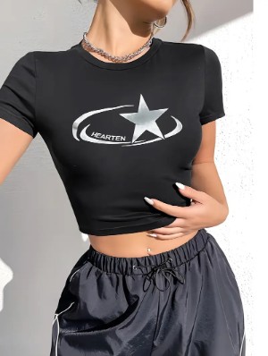 Star Letter Pattern Bodycon Cropped T-shirts