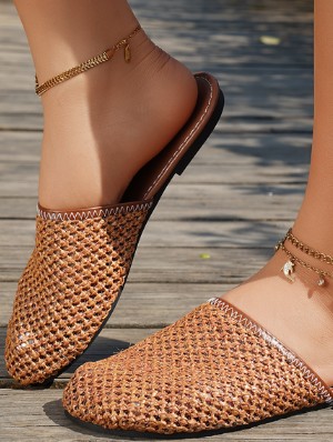 Solid Hollow-out Woven Flat Heel Slippers