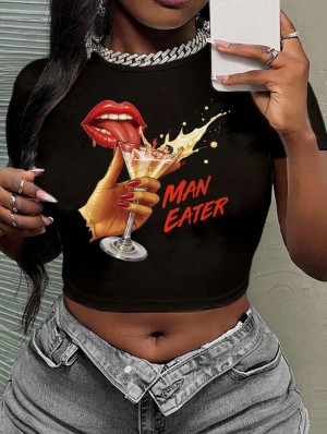 Cartoon Letter Print Cropped T-shirts