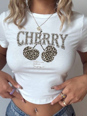 Leopard Cherry Letter Print Cropped Tee