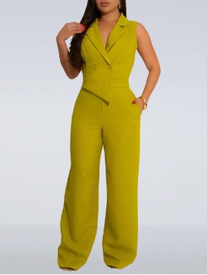 Lapel Sleeveless Buckle Wide Leg Jumpsuits
