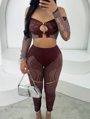 Rhinestones Off Shoulder Cropped Pant Sets