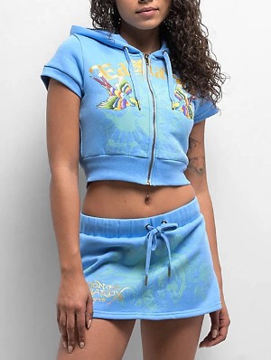Swallows Print Cropped Zipper Hooded Skirt Sets