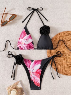 Printed 3D Flower Lace-Up Halter Bikinis