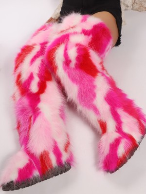 Contrast Color Fluffy Over-the-Knee Boots