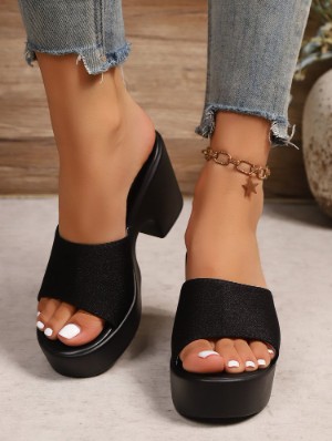 Pure Color Chunky Heels Slippers