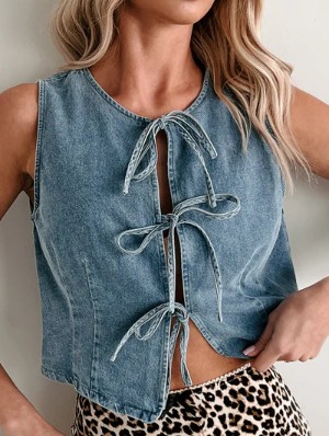 Denim Lace Up Cropped Sleeveless Vest