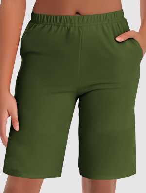 Plain Color Elastic Waist Casual Knee Shorts