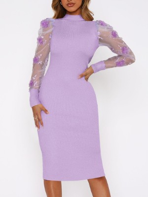 Embroidery Flower Decor Sheer Midi Dress