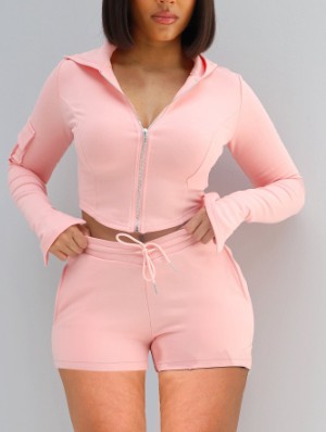 Bare Waist Hooded Cargo Fitted Short Sets
