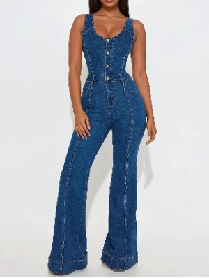Sleeveless Distressed Denim Flared Jumpsuits