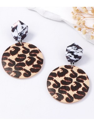 Modernist Leopard Printed Wooden Circular Earrings