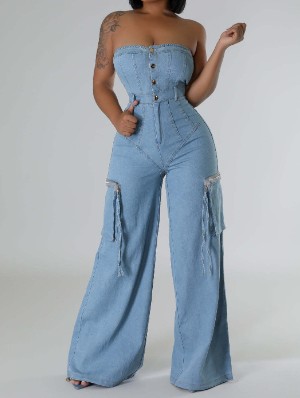Strapless Denim Multi Pocket Cargo Jumpsuits