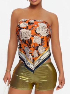 Floral Printed Scarf Tube Metallic Short Sets