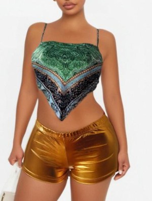 Ethnic Backless Lace-Up Tank Metallic Short Sets