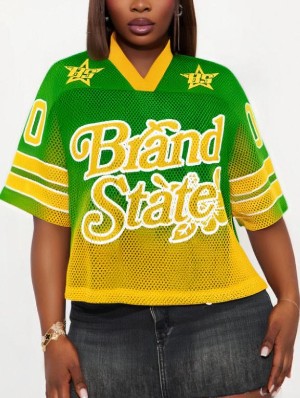 Gradient Letter Striped Mesh V Neck Jerseys