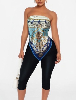 Abstract Printed Scarf Tube Capri Pants Sets