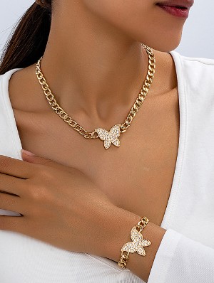 Hip-hop Butterfly Pattern Chain Bracelet Necklaces Set