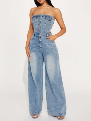 Hollow-out Washed Denim Strapless Jumpsuits