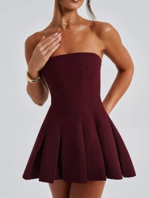 Plain Color Strapless A-line Pleated Mini Dress