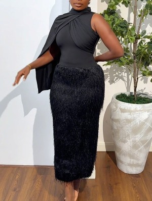 Ruched One Shoulder Fluff Split Hem Maxi Dress