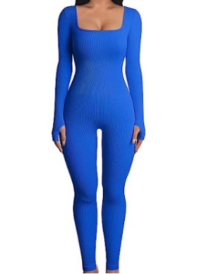 Rib Plain Color Square Neck Bodycon Jumpsuits